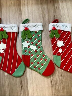 Festive Red & Green Holiday Stocking Trio - 19” Length